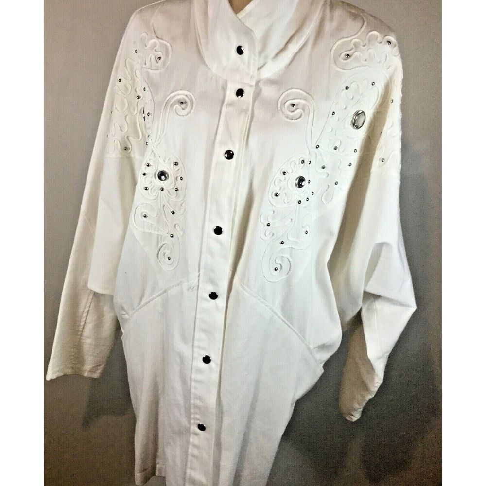 VTG 80s Michelle USA White Jacket‎ Size L Snap Buttons Embellished Glass Stones